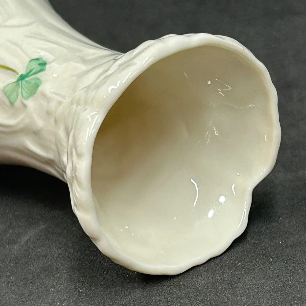 Belleek Ireland Shamrock Bud Vase Basketweave Parian China Green Mark Mini